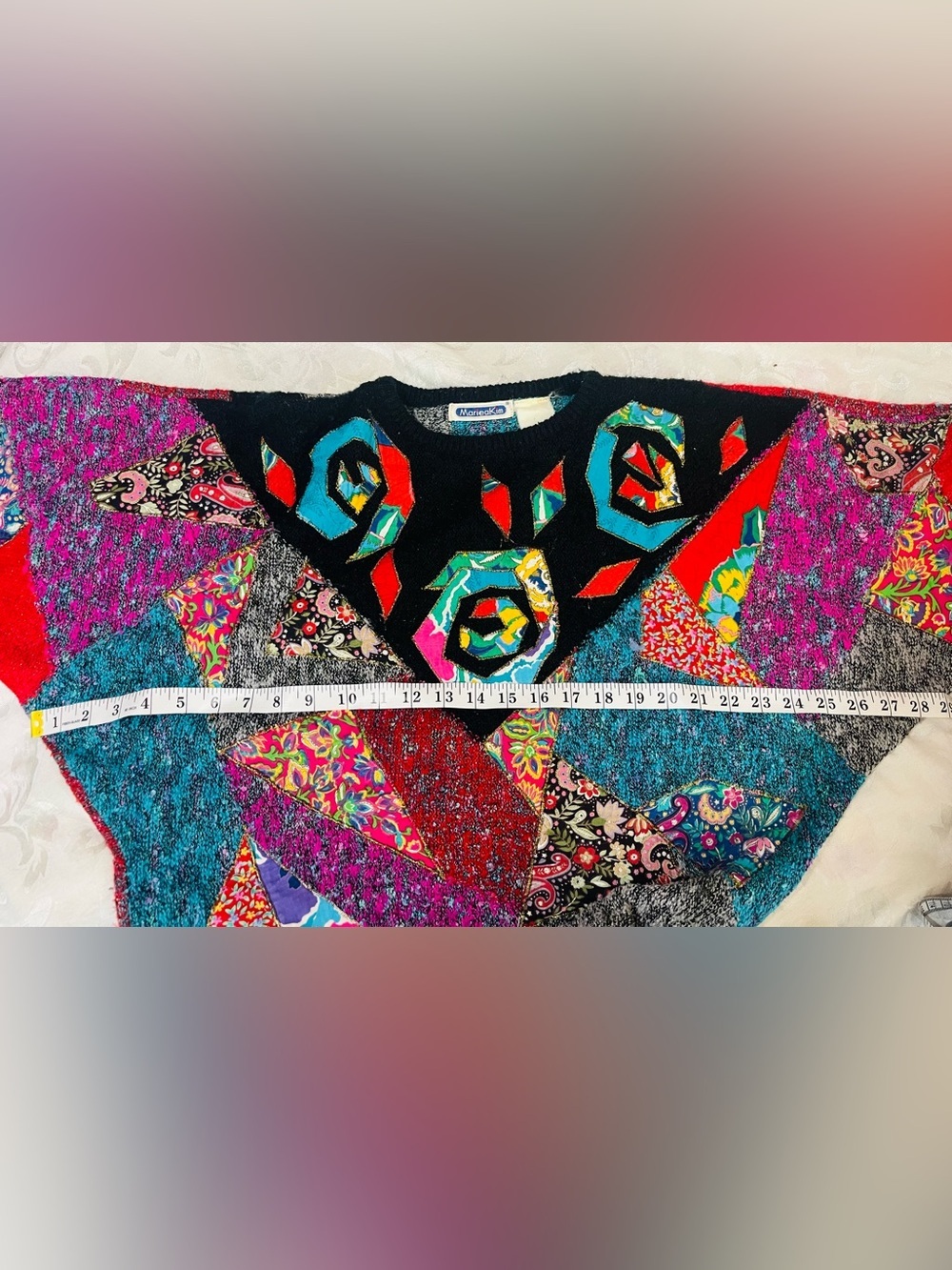 Vtg Mariea Kim Sweater Multicolor Vintage 80s Patchwork Knit Batwing Pullover M - Picture 11 of 12